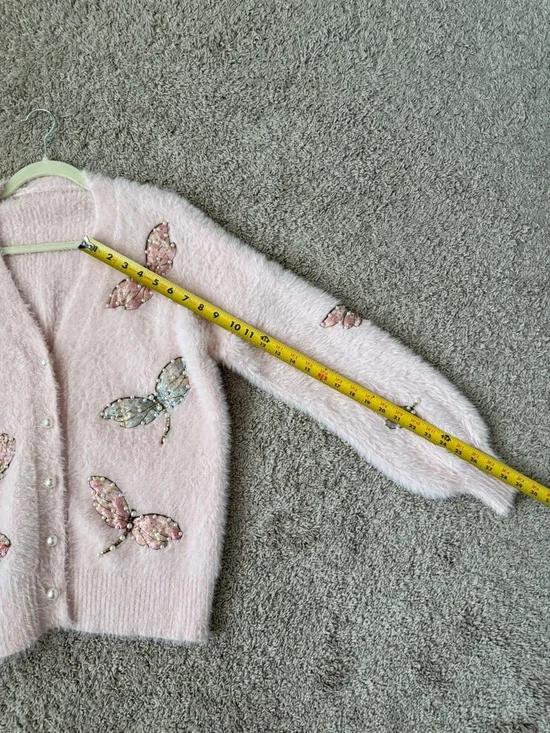 Hand Embroidered Sequin Pink Embellished Butterfly Fuzzy Cardigan Sweater NWOT - Picture 11 of 16